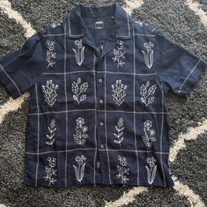 Todd Snyder Navy Blue Button-Up Camp Shirt with White Floral Embroidery